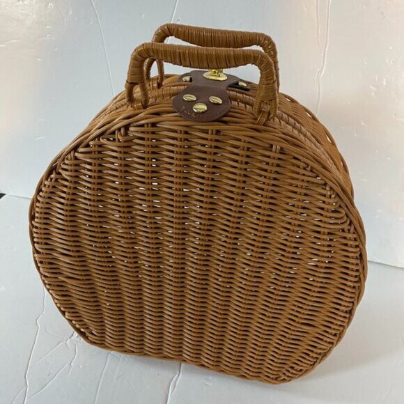 Woven Wicker Picnic Basket Carrying Case Handbag - Picture 5 of 7